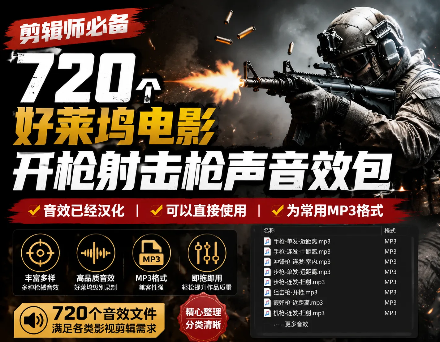 宝藏级音效！战神SFX捆绑包枪支音效，720个好莱坞电影开枪射击枪声音效包-阿幸软件杂货间