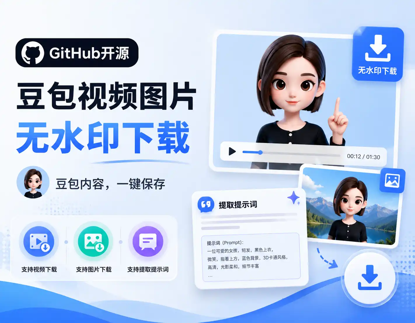 GitHub上开源软件！支持一键批量保存豆包无水印AI生成图片/视频/ 提示词提取-阿幸软件杂货间