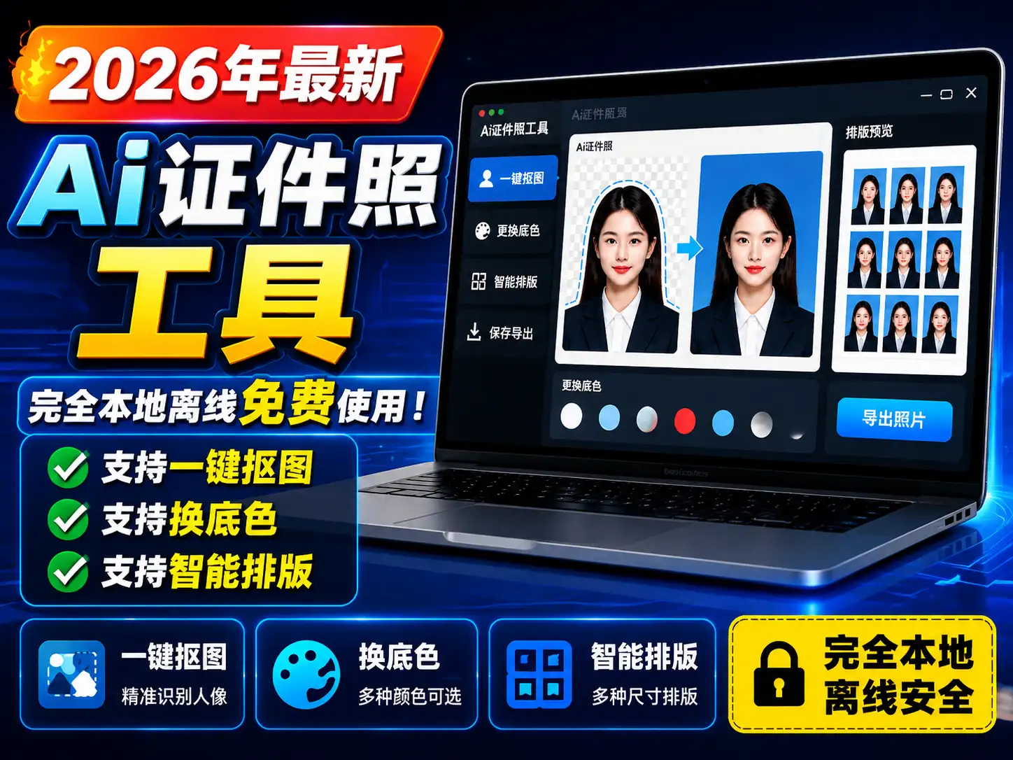 2026年最新Ai证件照工具，支持一键抠图、换底色、排版，完全本地离线免费使用！-阿幸软件杂货间