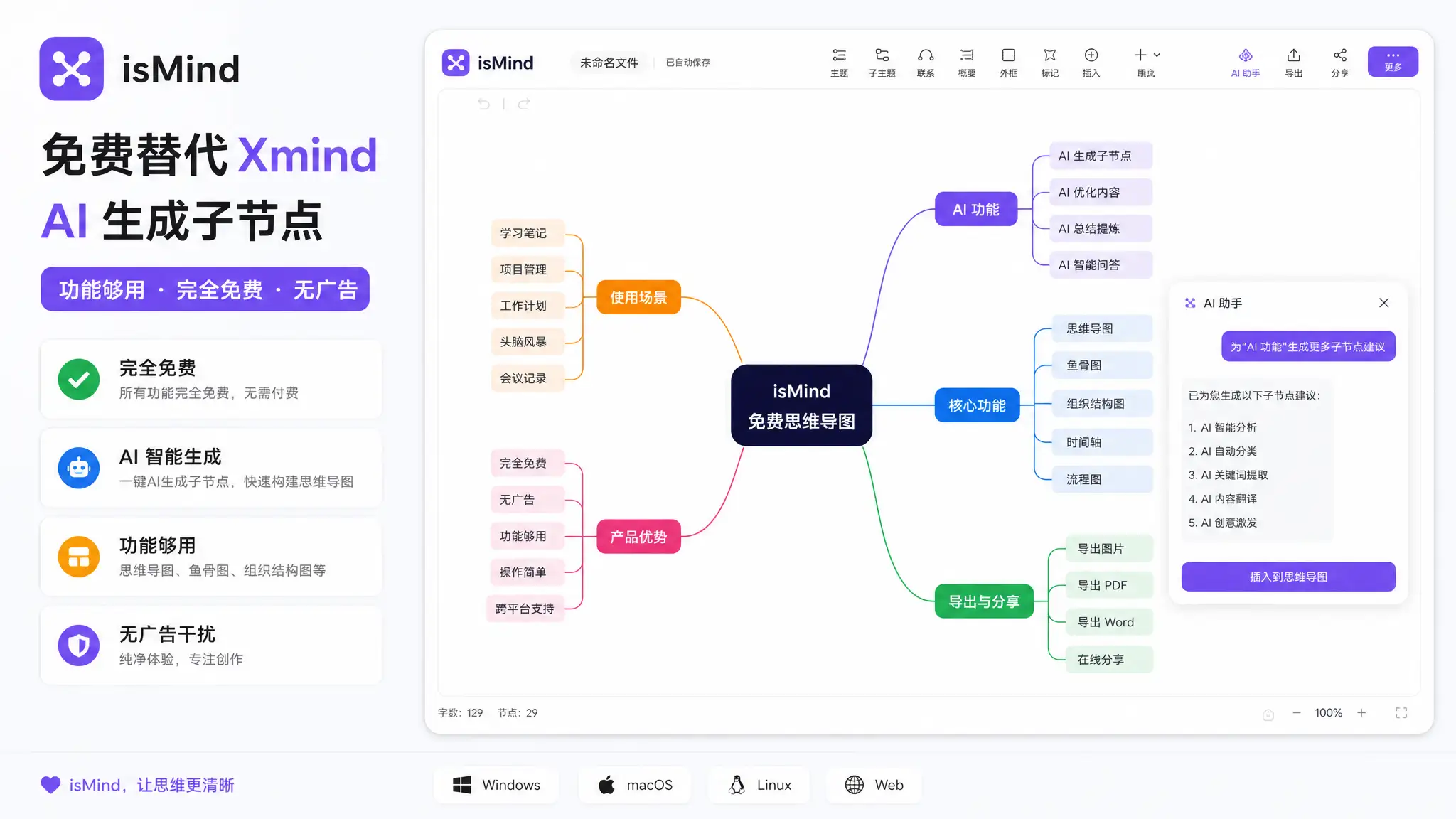 免费替代Xmind，支持AI生成子节点！isMind功能够用还完全免费，无广告！-阿幸软件杂货间