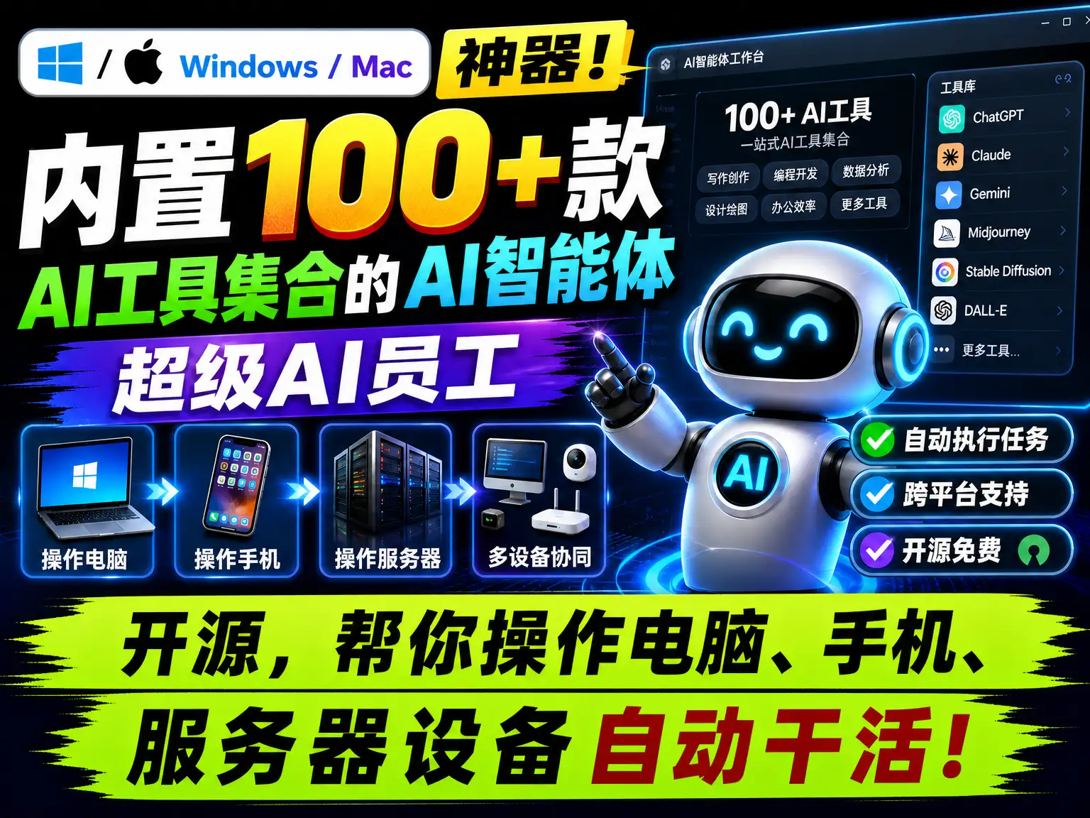 Windows / Mac神器！内置100+款AI工具集合的AI智能体，超级AI员工，开源，帮你操作电脑、手机、服务器设备自动干活！-阿幸软件杂货间