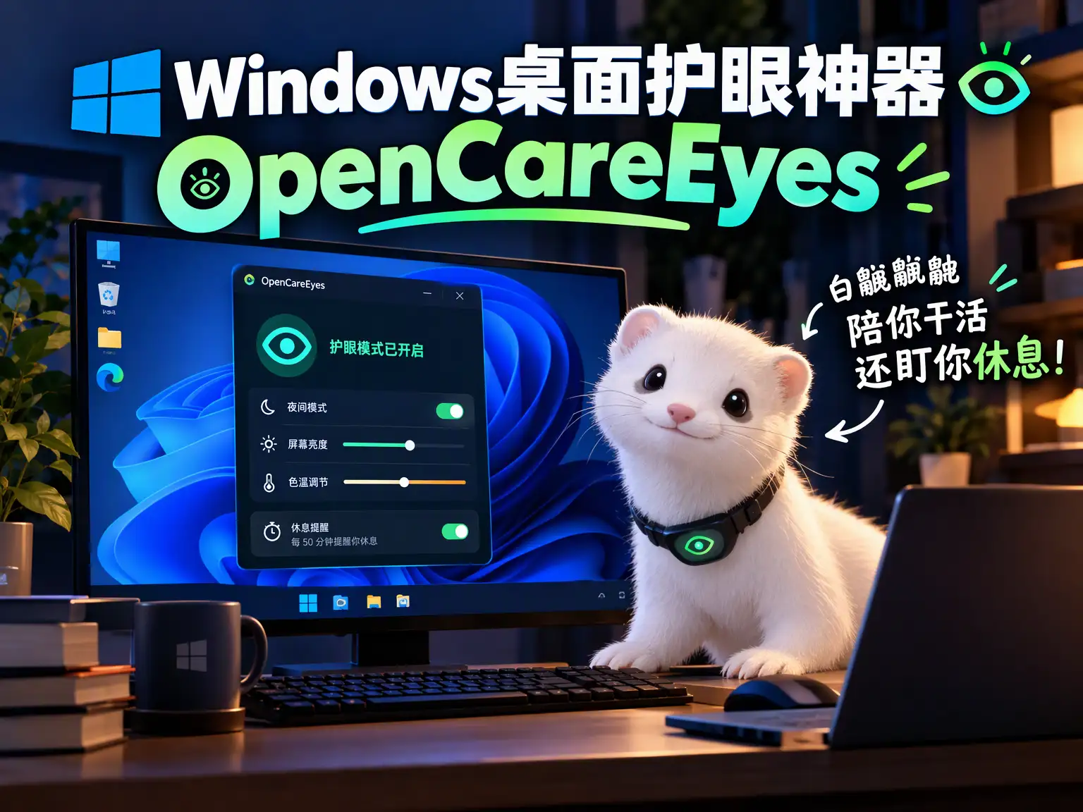 Windows桌面护眼神器OpenCareEyes，白鼬鼬鼬陪你干活还盯你休息！-阿幸软件杂货间