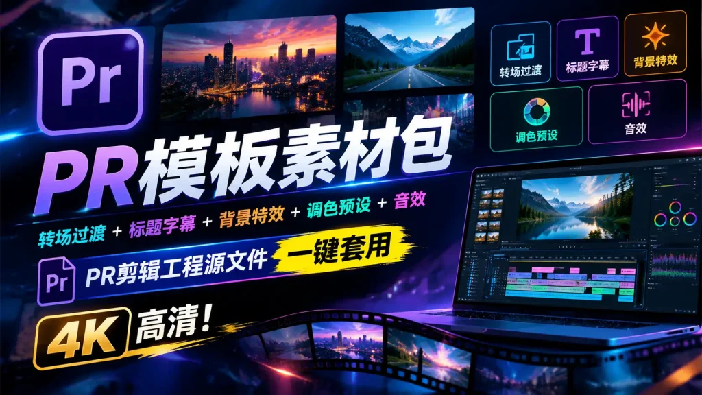 PR模板素材包 转场过渡+标题字幕+背景特效+调色预设+音效