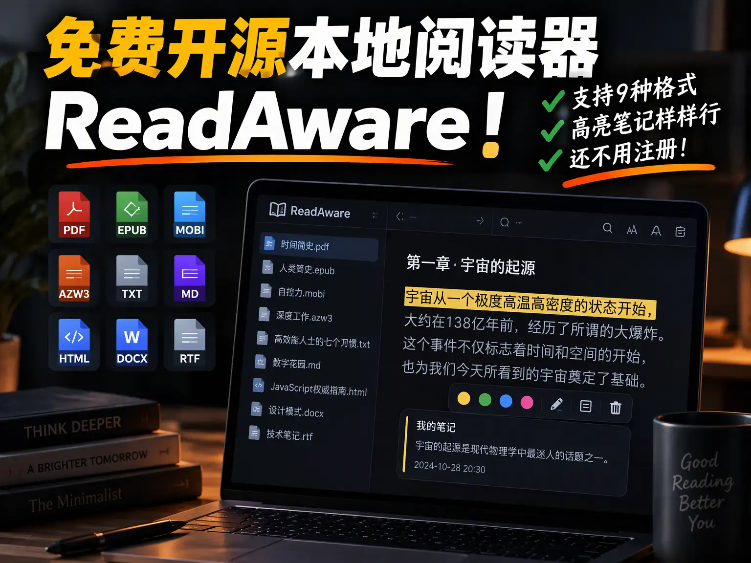 免费开源本地阅读器ReadAware！支持9种格式，高亮笔记样样行，还不用注册！-阿幸软件杂货间