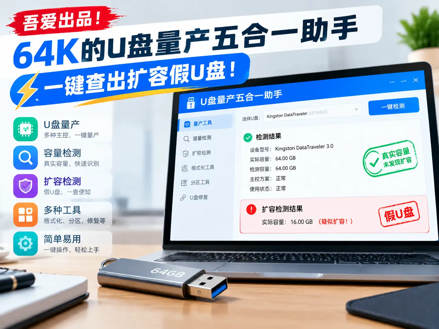 吾爱出品！64K的U盘量产五合一助手，一键查出扩容假U盘！-阿幸软件杂货间